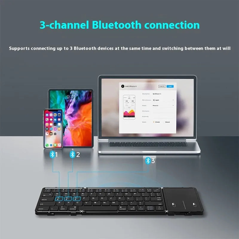 Black folding Bluetooth keyboard for mobile phones and tablets, shown both open and closed.