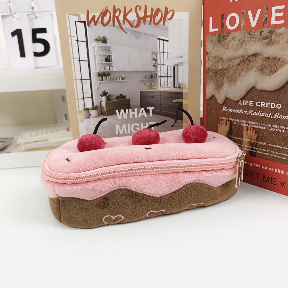 Cherry Cake design velvet plush pencil case with zip closure