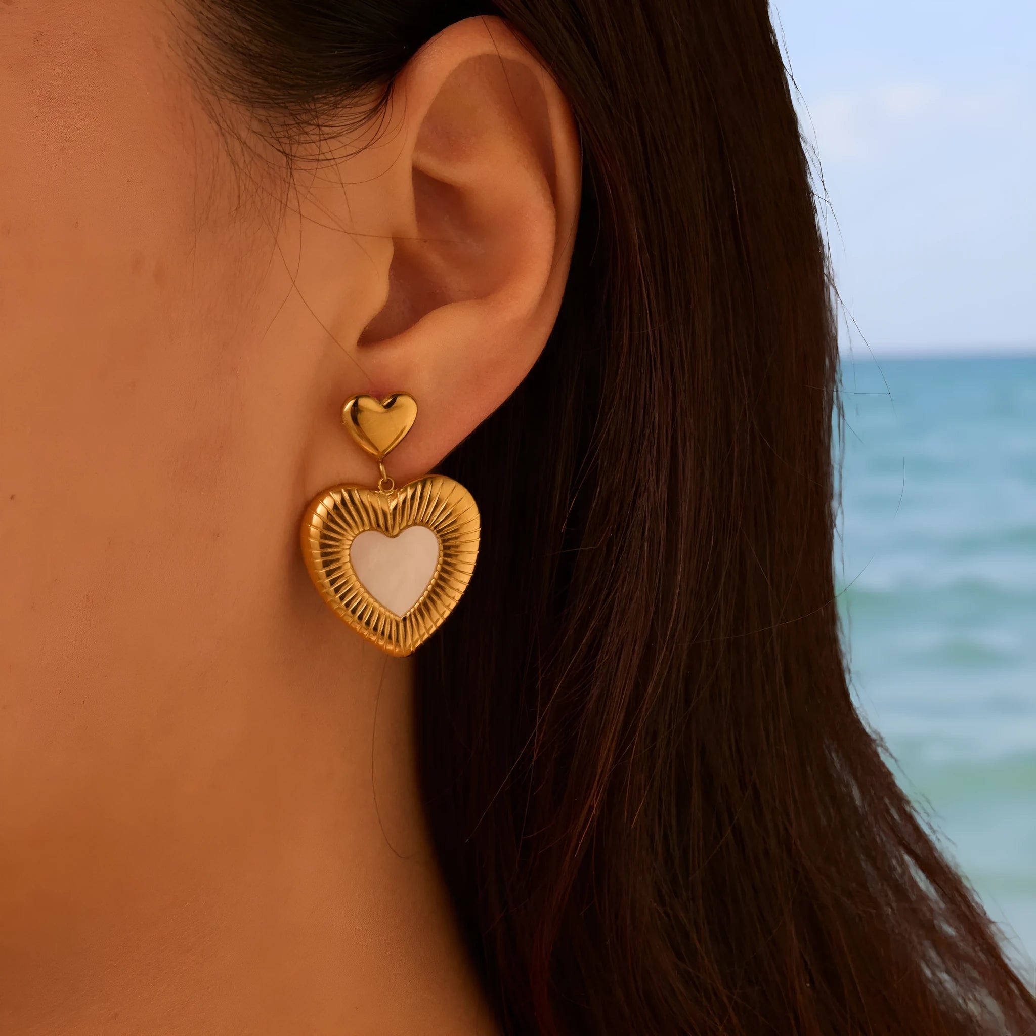Women's gold heart-shaped fritillary earrings with stainless steel construction and electroplated finish