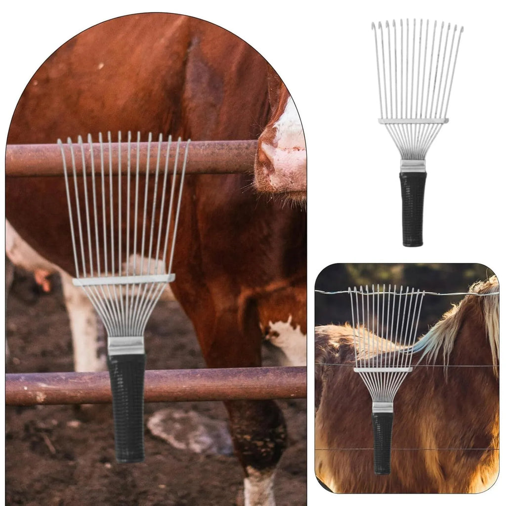 Stainless steel dematting brush rake comb for dog and horse grooming on a table.