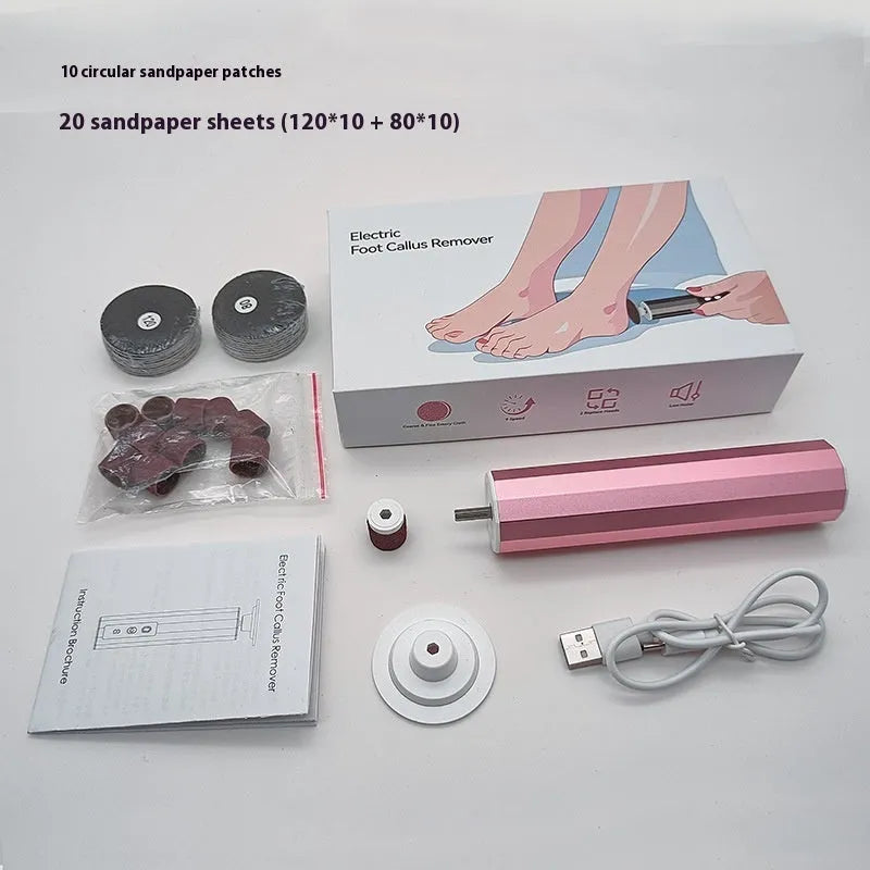 USB-powered electric callus remover manicure set with grinding wheel patches in black, pink, or purple.
