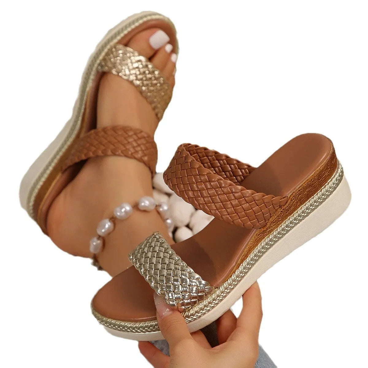 Women's plus size wedge sandals in gold metallic finish with rubber sole