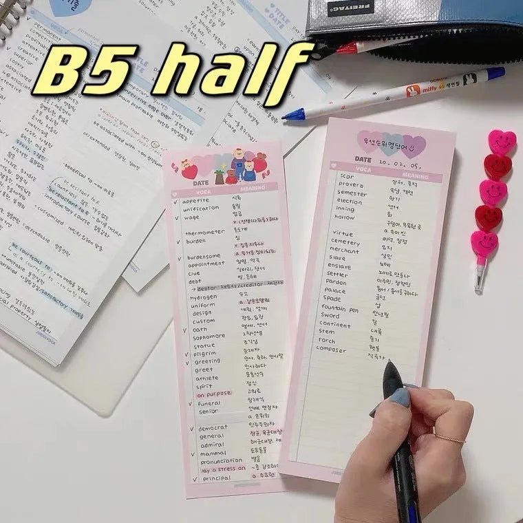 Blue B5 half-size vertical notepad with 30 pages for English words and double-sided notes.