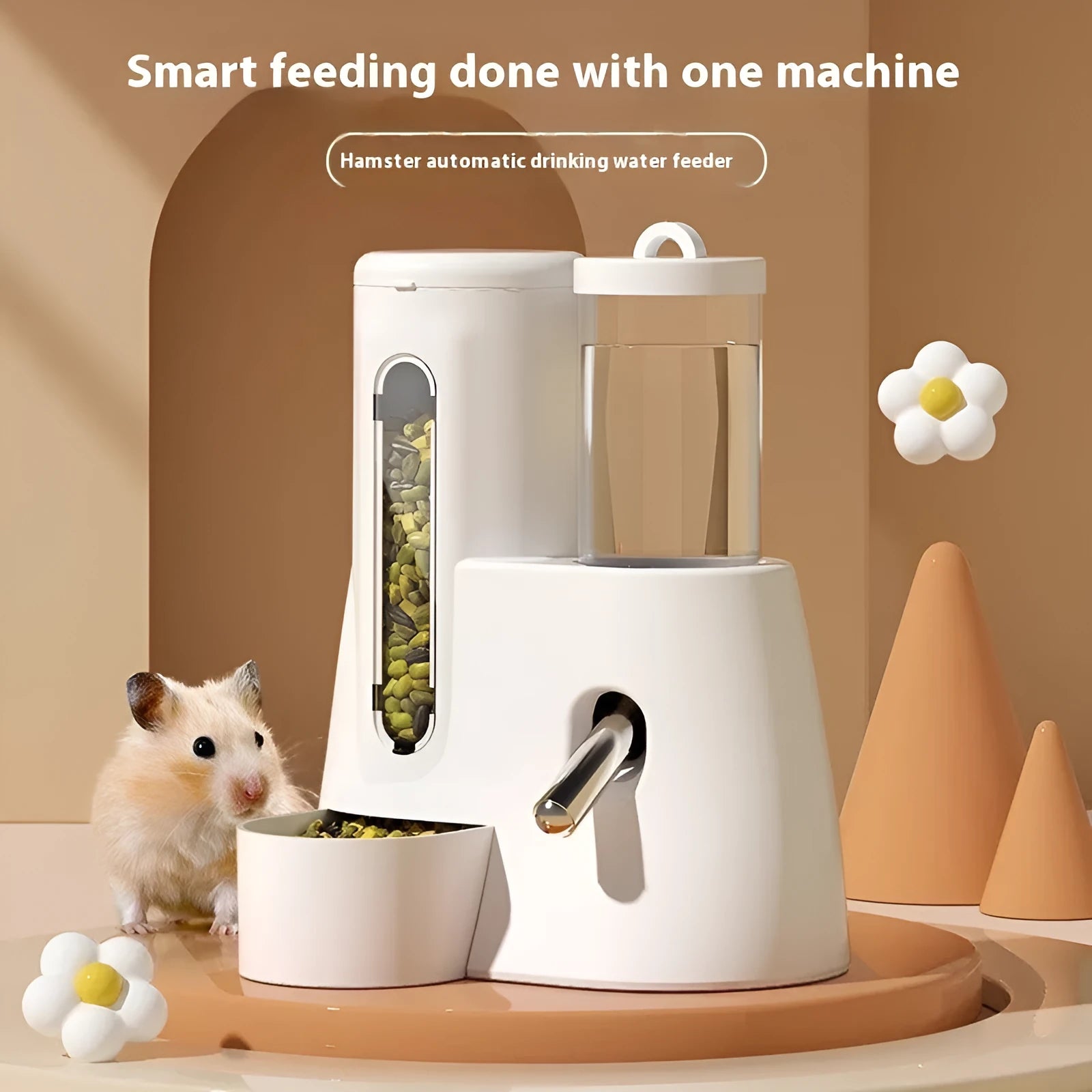 Blue plastic automatic drinking water feeder and food basin for hamsters on a white background