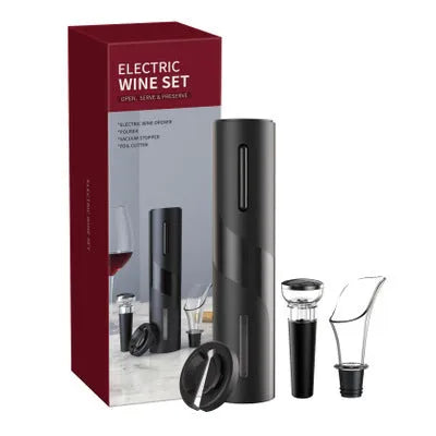 Automatic electric wine opener set with foil cutter stopper and pourer in black finish
