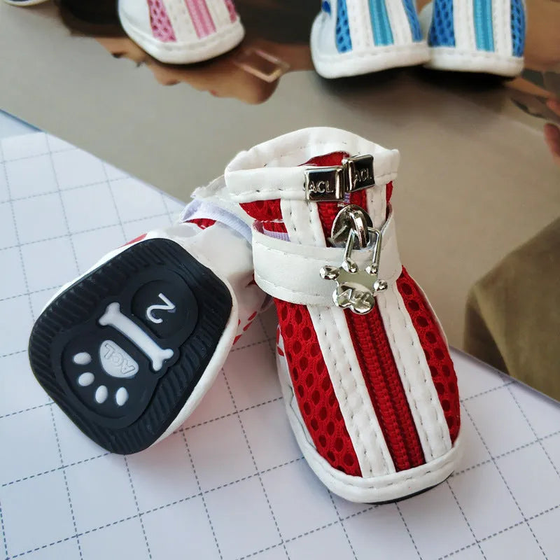 VIP Teddy Schnauzer style dog shoes with zipper closure in blue, pink, and red colours
