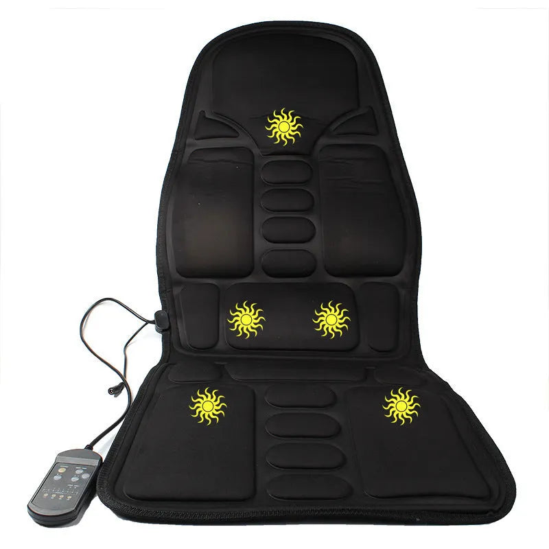 Black heating massage mat with infrared physiotherapy and variable speed control on seat cushion