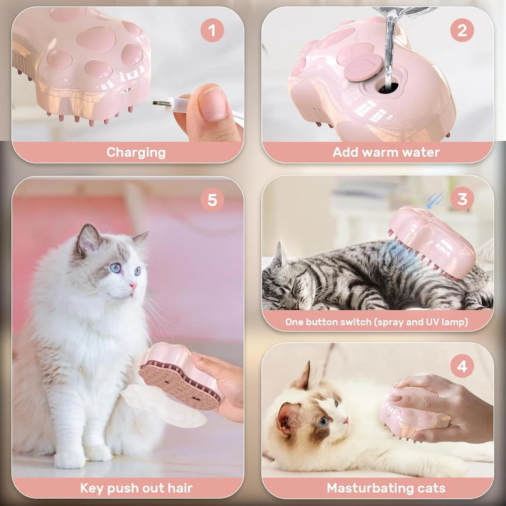 Self-cleaning cat steam brush with blue light, water spray tank, and silicone bristles