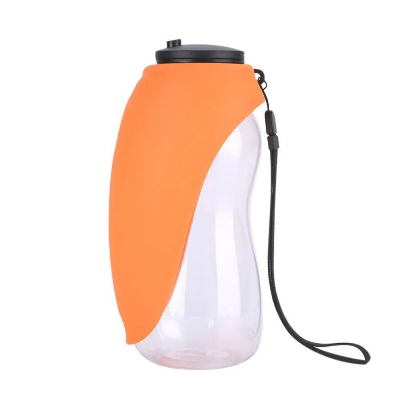 Portable pet water bottle with drinking bowl in sky blue colour showing 680ml capacity and carrying options
