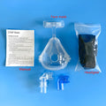 Transparent CPAP breathing mask with silicone seal, headgear, and two elbow connector options