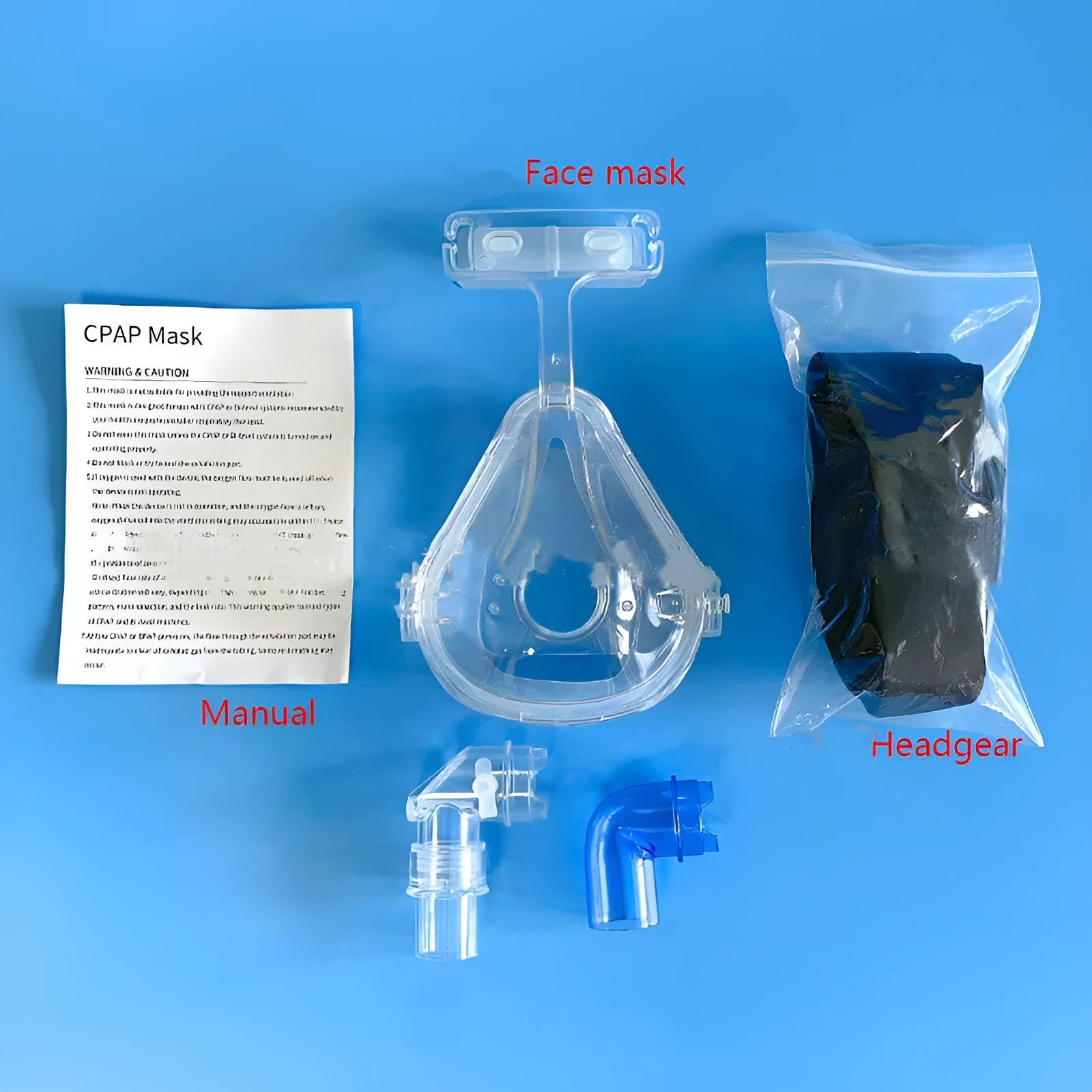 Transparent CPAP breathing mask with silicone seal, headgear, and two elbow connector options