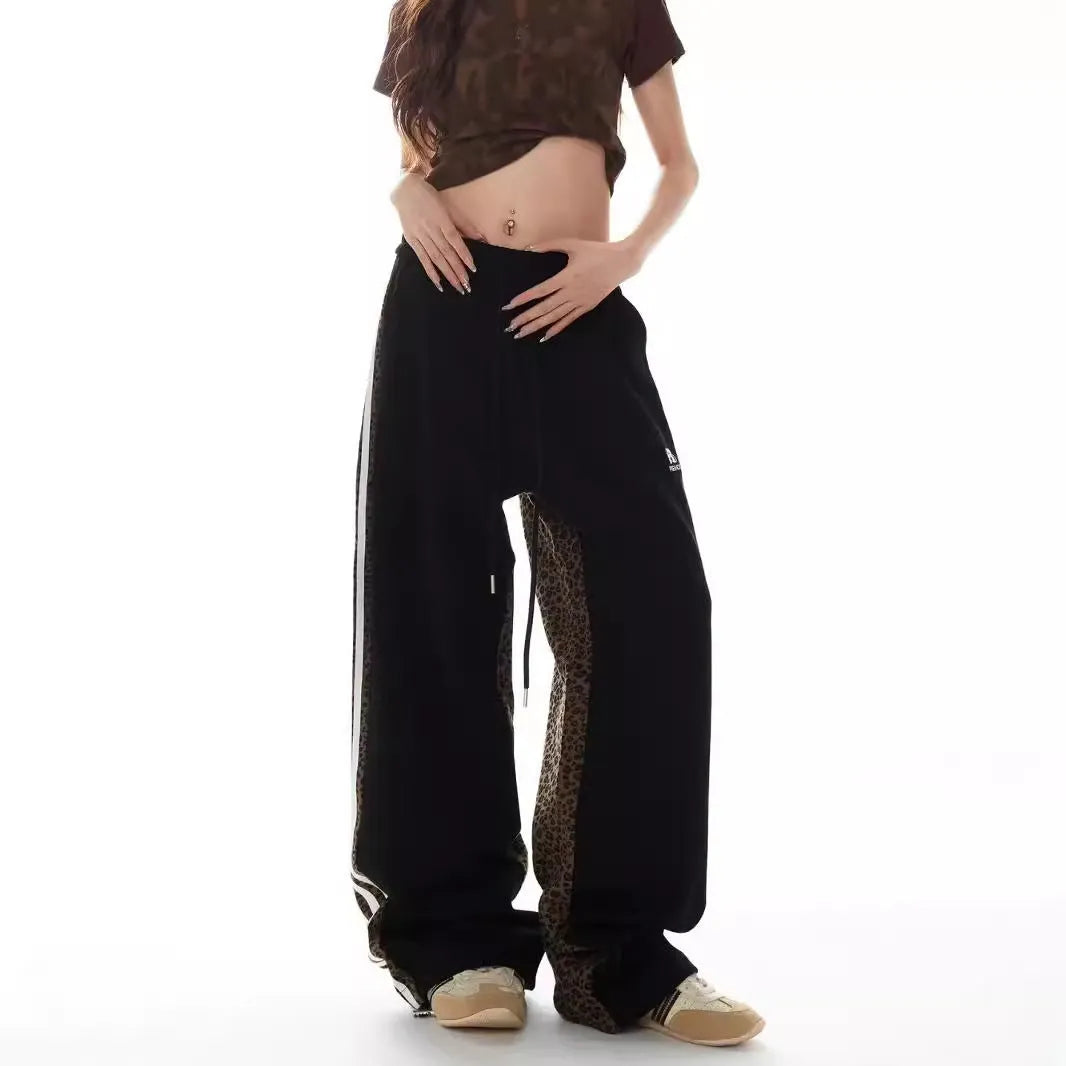 Youth popularity high waist straight trousers for teen boys in black polyester with patchwork stitching