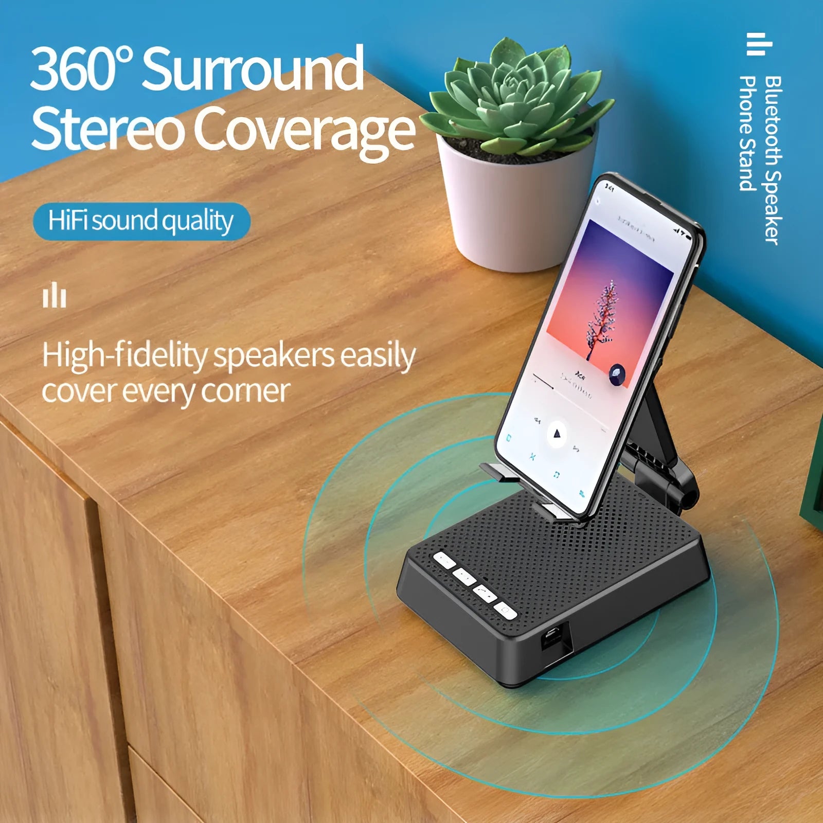 Black mobile phone broadcaster stand with Bluetooth speaker and microphone on desk