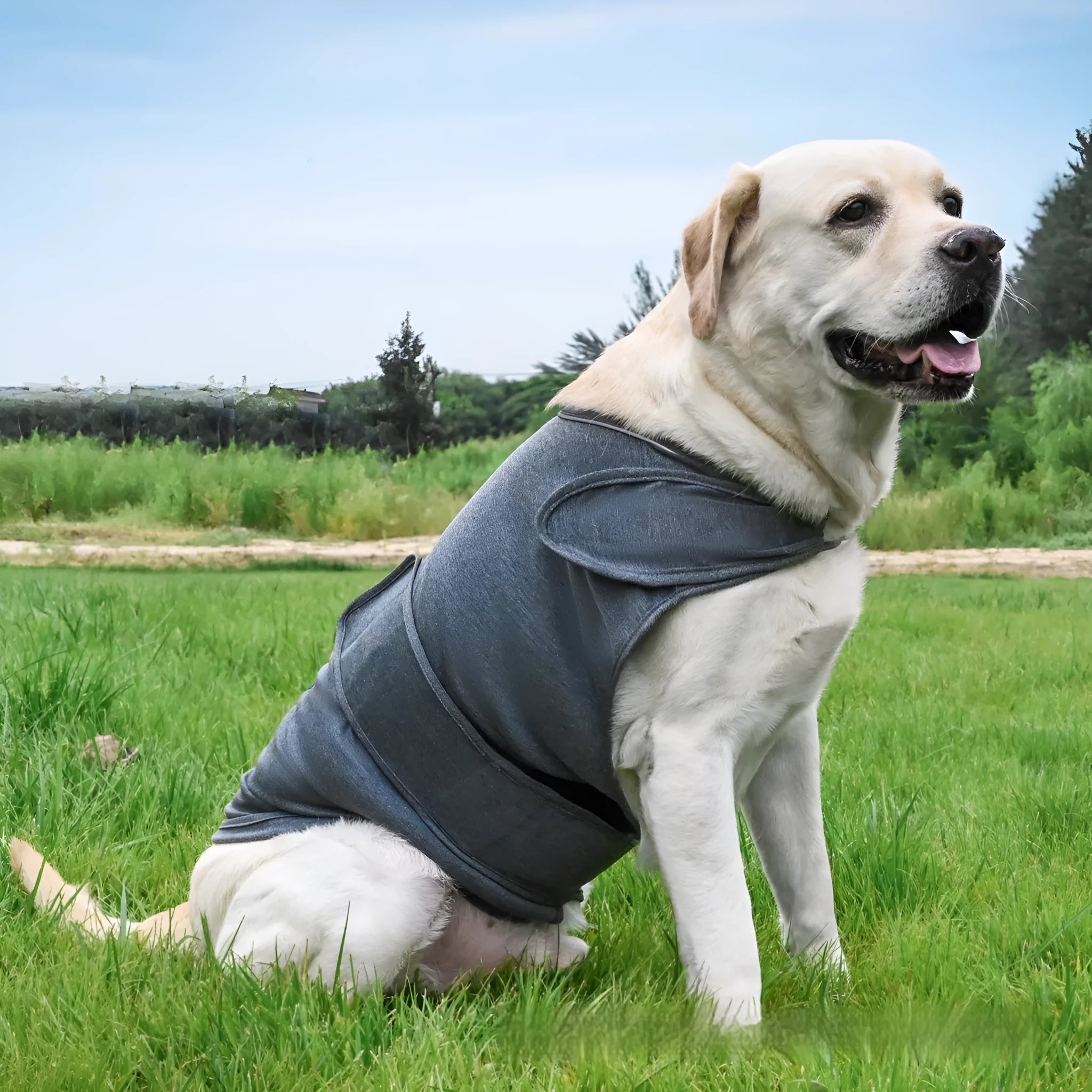 Dog wearing brown cotton anxiety relief tank top for separation anxiety