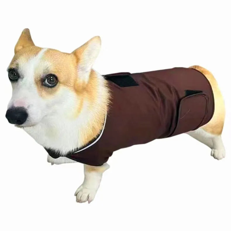 Dog wearing brown cotton anxiety relief tank top for separation anxiety