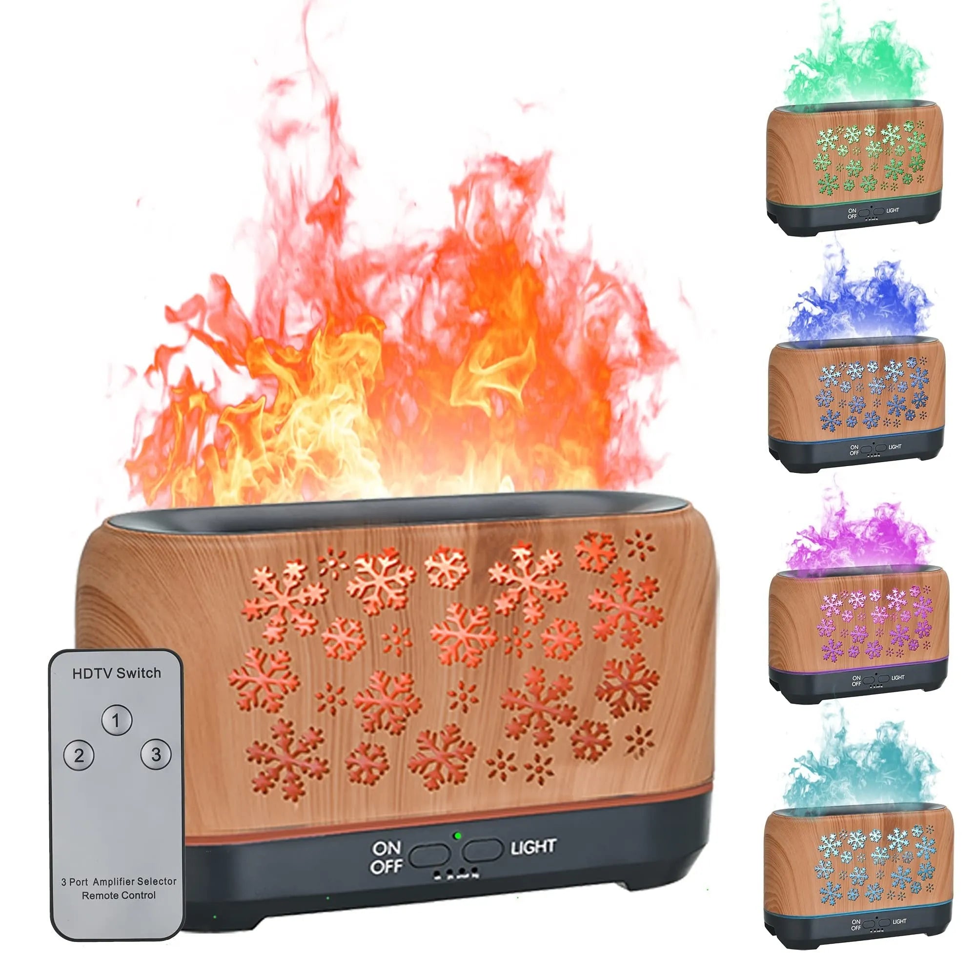 Square plastic humidifier with snowflake wood grain pattern emitting mist and 7-colour flame light effect