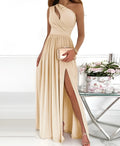 Women's one shoulder high split maxi dress in apricot with cutout detail and sleeveless design