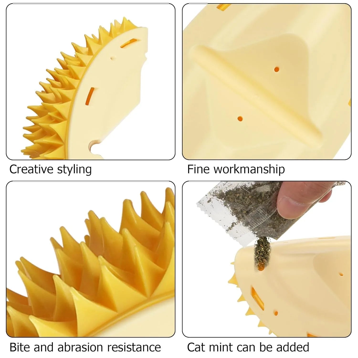 Yellow durian-shaped cat corner scratcher and massage comb with cat mint powder on a wall corner.