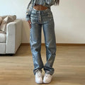 Washed blue high-waist straight-leg jeans with contrast detailing