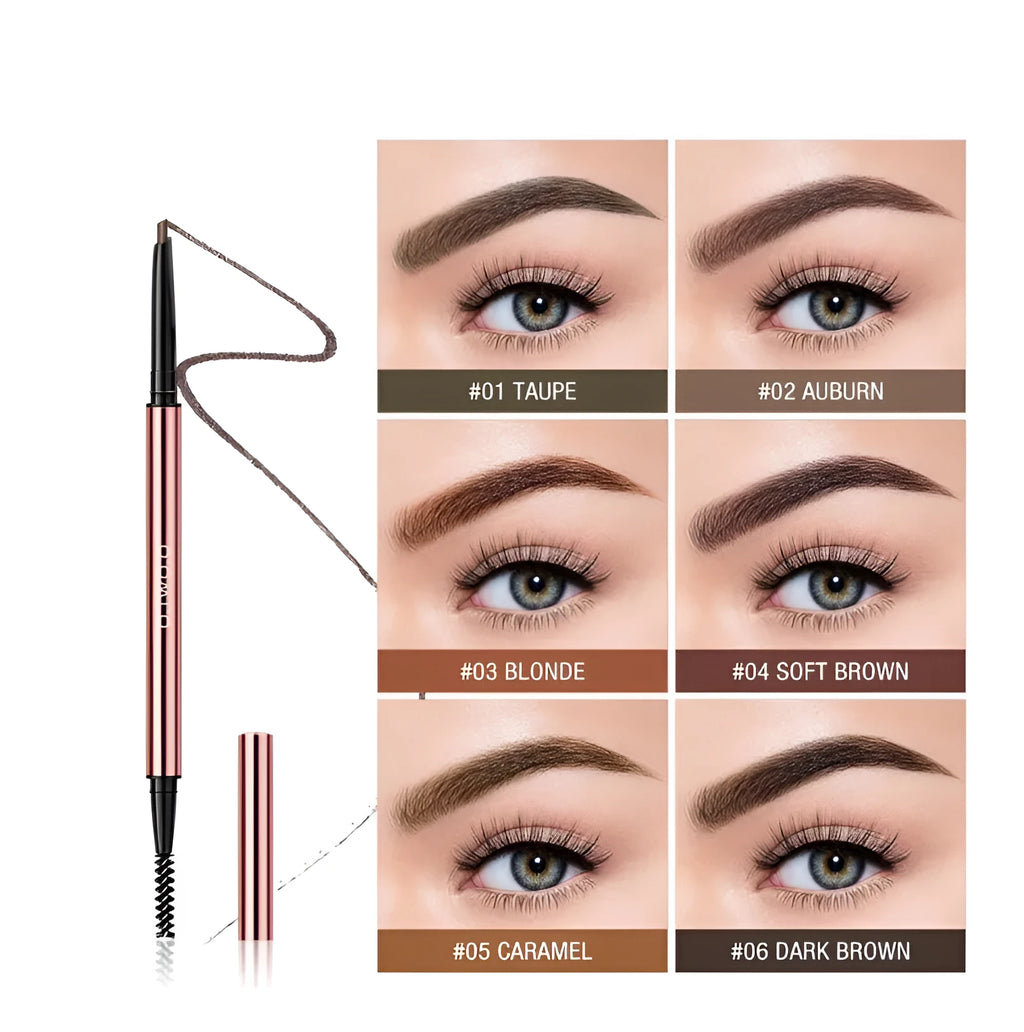 Brow make-up pencil in colour box with six shade options including Auburn, Blonde, and Caramel.