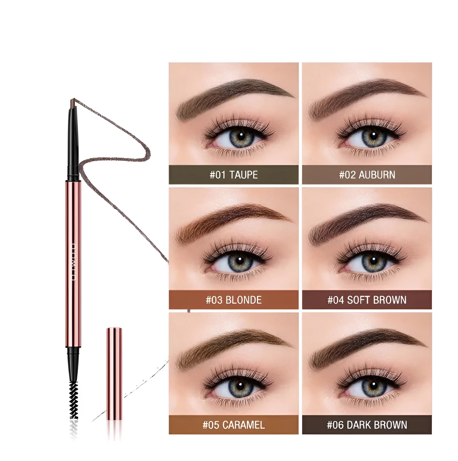 Brow make-up pencil in colour box with six shade options including Auburn, Blonde, and Caramel.