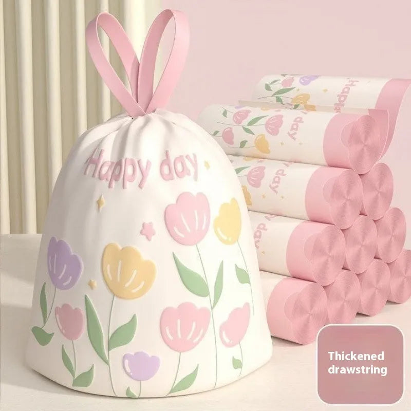 Pink degradable argy wormwood mosquito repellent garbage bag with drawstring, size 44cm by 48cm.
