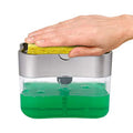 Plastic kitchen soap dispenser in silver with pump top on countertop