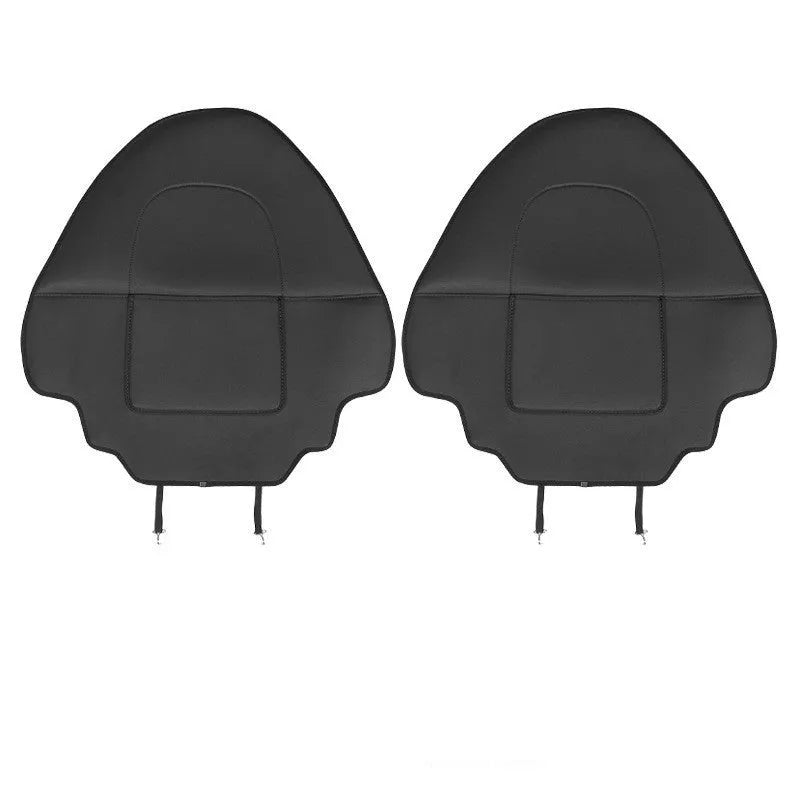 Pair of black leather car seat kick pads showing single pocket and full 68cm by 42cm coverage