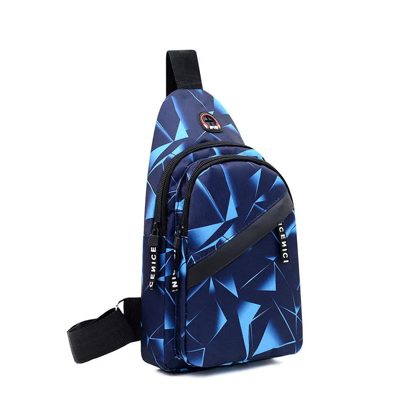 Black print sling chest crossbody bag with earphone hole and zipper pocket.