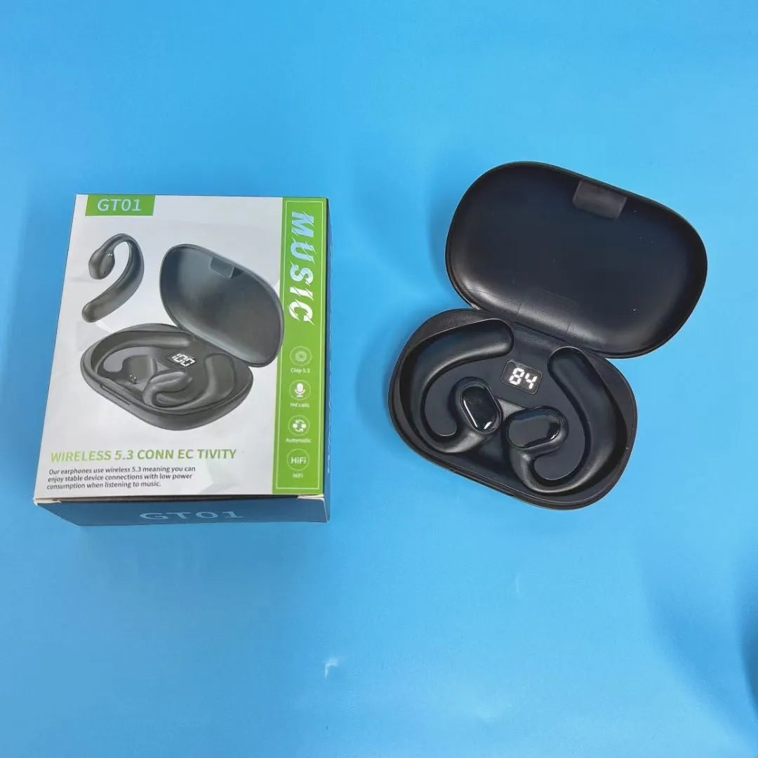 Black ear-mounted Bluetooth headset with non in-ear design showing digital display screen