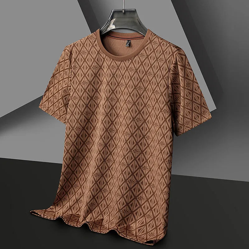 Men's black jacquard pattern short sleeve t-shirt with round neck and loose fit