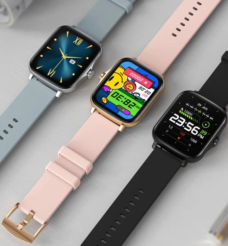 Black smart watch with 1.7-inch colour touchscreen on an adjustable strap, showing a fitness tracking interface.
