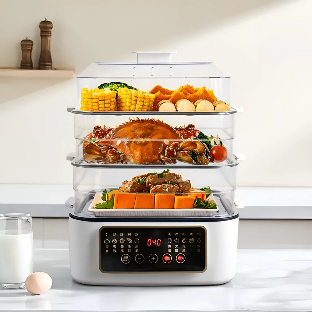 28-litre capacity electric steamer with stainless steel rack and automatic measuring function