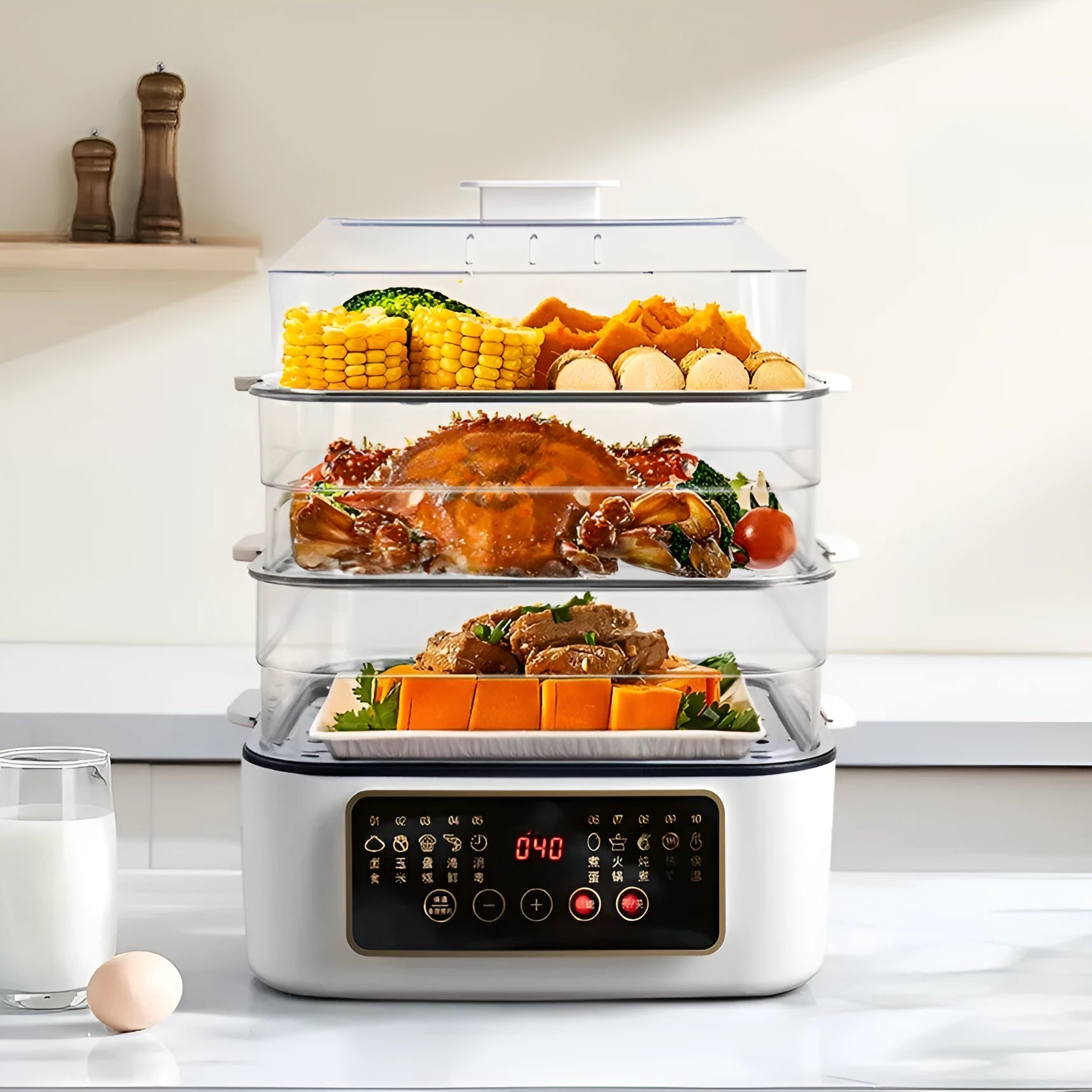 28-litre capacity electric steamer with stainless steel rack and automatic measuring function