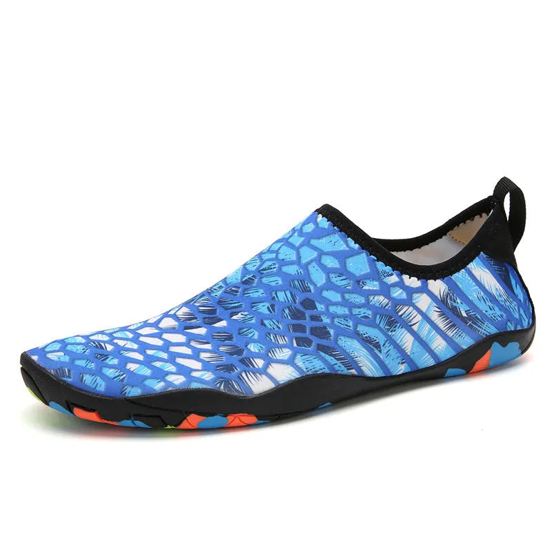 Blue beach wading shoes with Lycra fabric upper and EVA sole for swimming and water activities