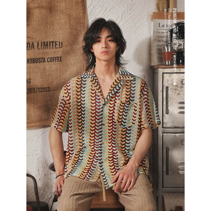 Grey Japanese-style men's short sleeve shirt with Cuban collar and textured jacquard fabric, slim fit for plus size.