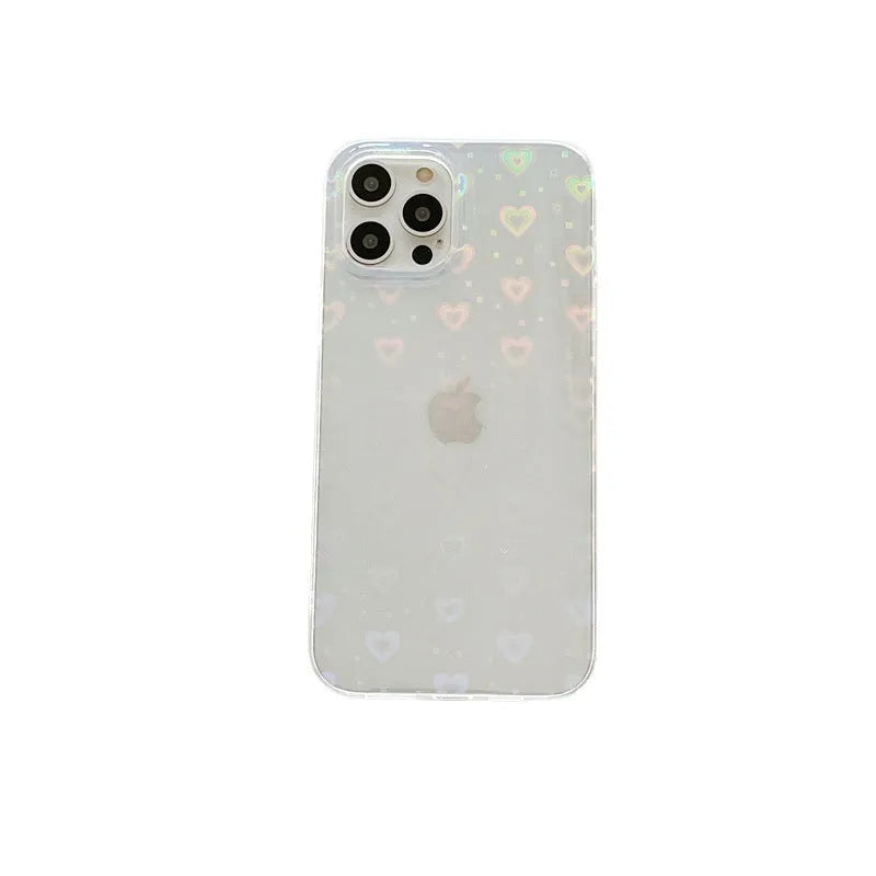 Transparent silicone iPhone case showing laser colourful love heart design on back
