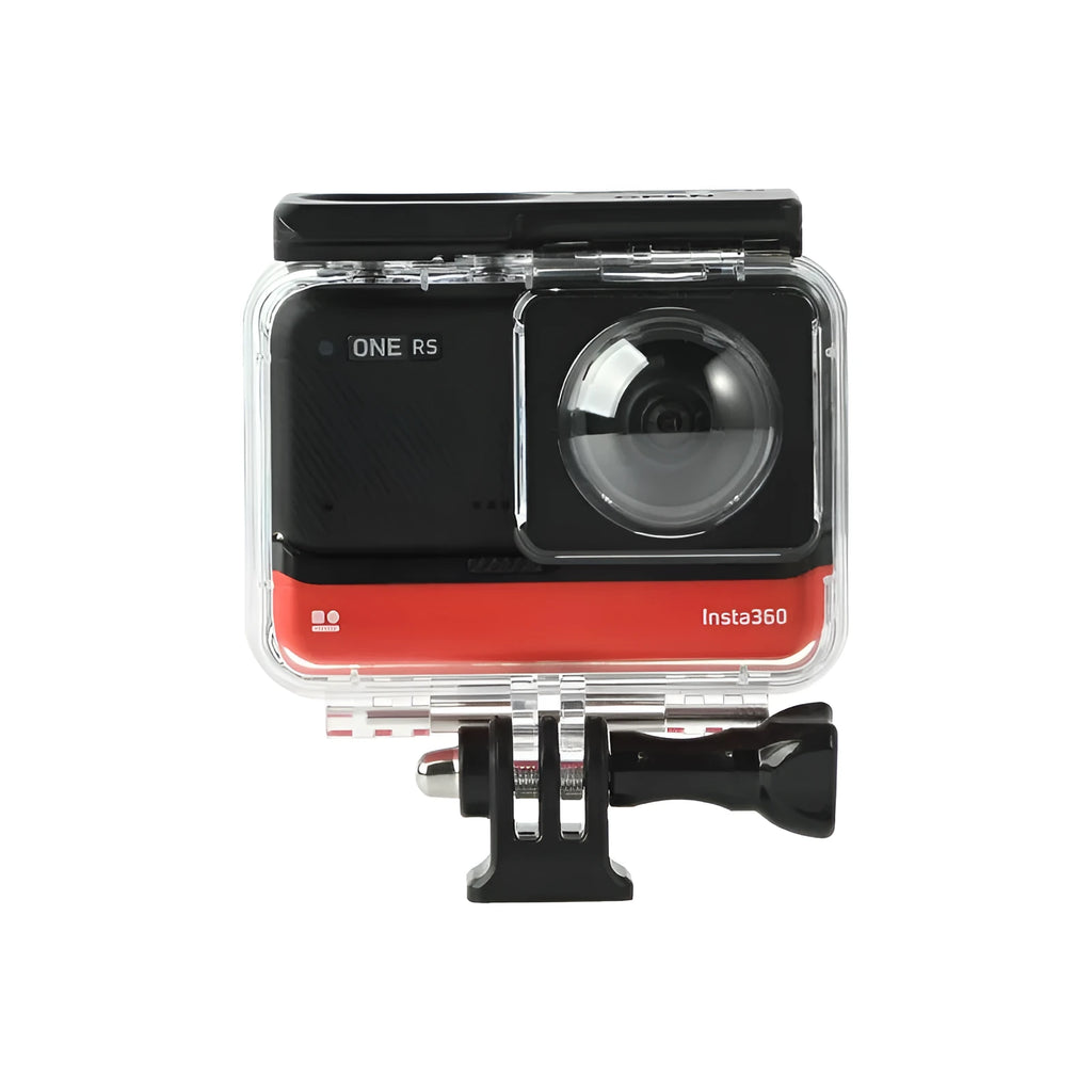 Transparent waterproof housing case for Insta360 One RS panoramic camera.