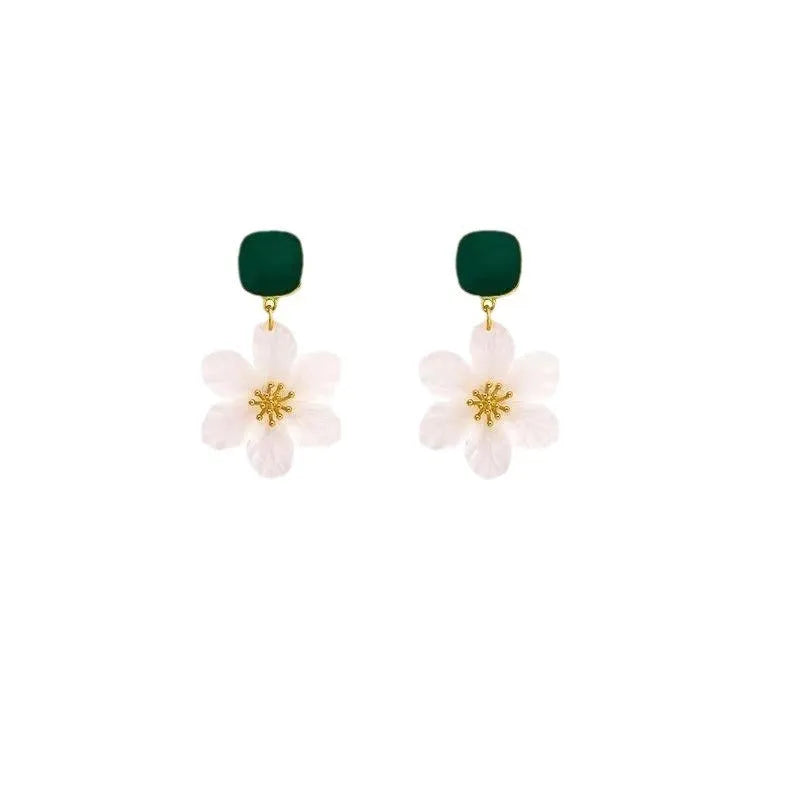 Pair of dark green alloy earrings with sterling silver needle flowers sweet design for women