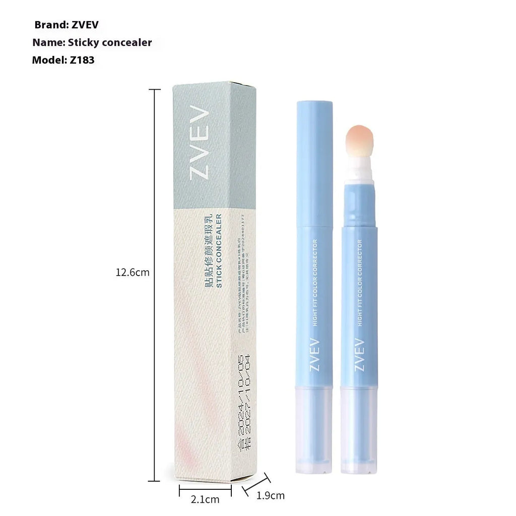 Concealer pen with sponge brush head applicator shown in brightening, pink, and natural flesh colour shades.
