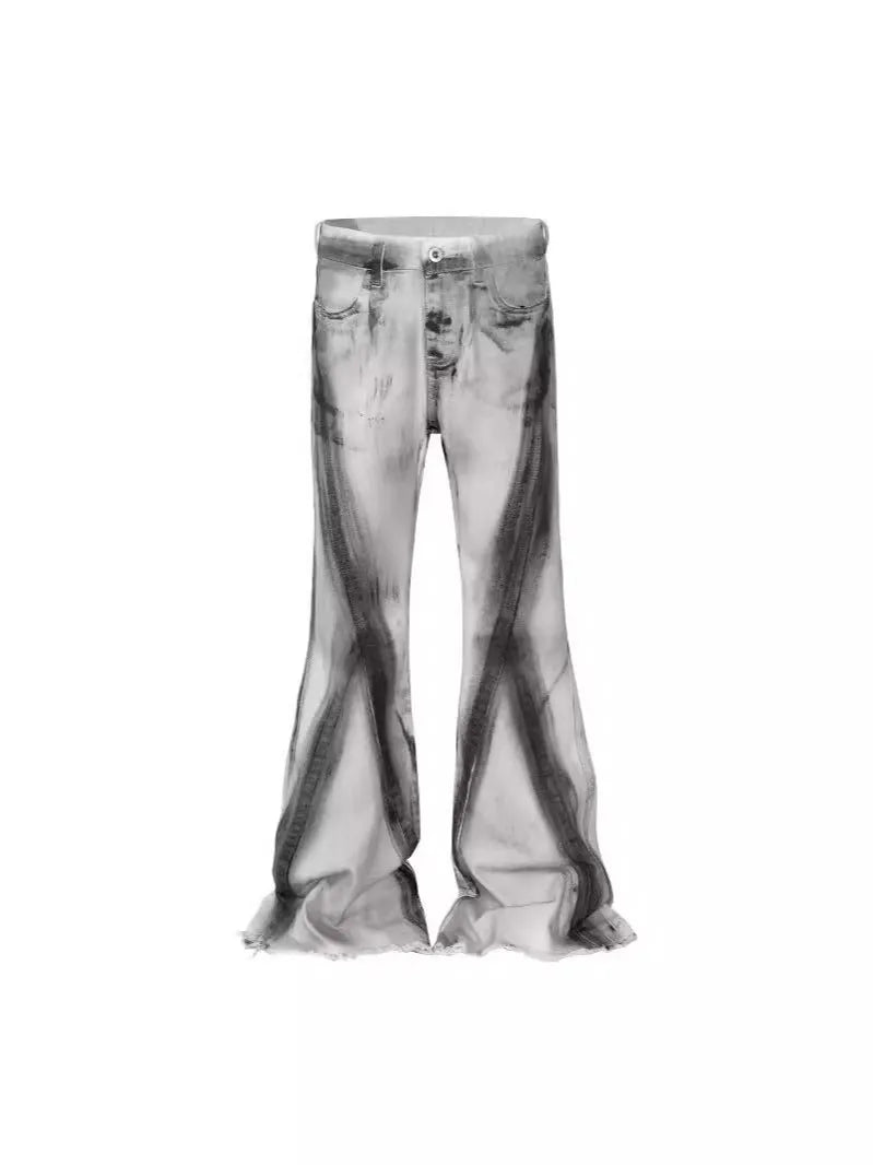 White denim jeans with black ribbon gradient detailing and heavy rough selvedge construction