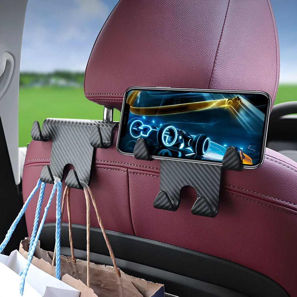 Black ABS plastic car hook with an integrated mobile phone holder bracket for rear seat organisation.