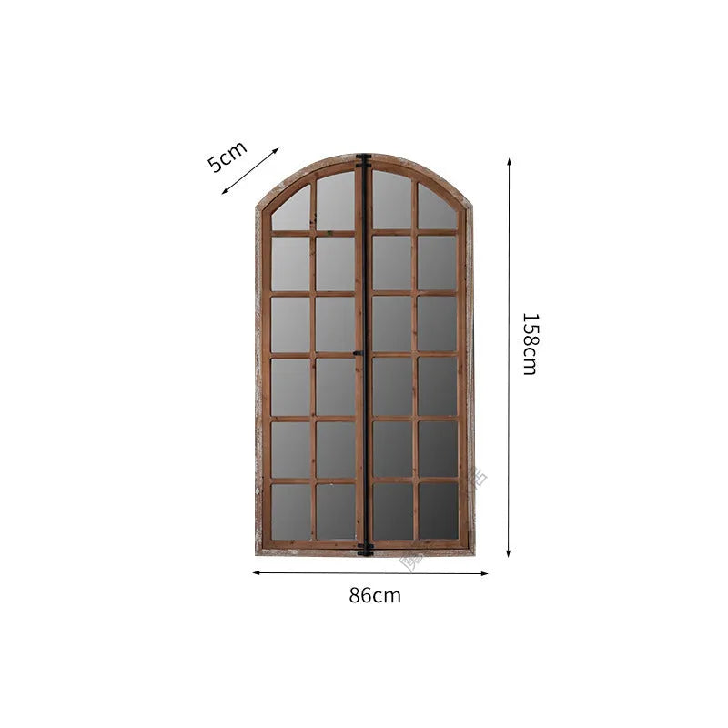 Terrace distressed log colour wooden framed fake window wall mirror, A316 style.