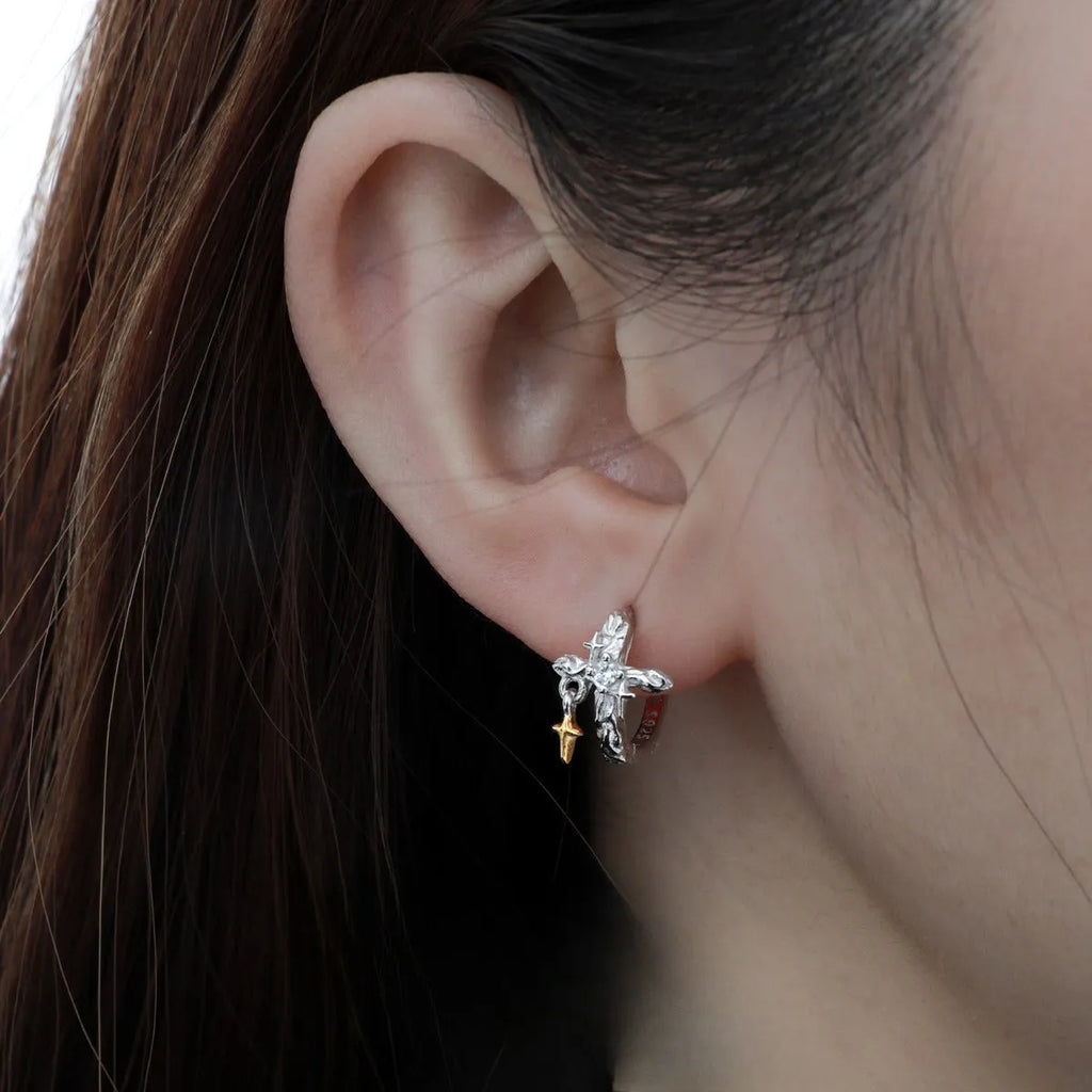 XINGX geometric cross earrings in 925 sterling silver with white gold finish and round design elements