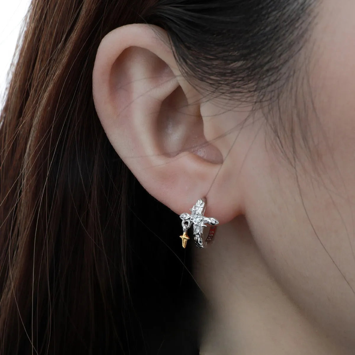 XINGX geometric cross earrings in 925 sterling silver with white gold finish and round design elements