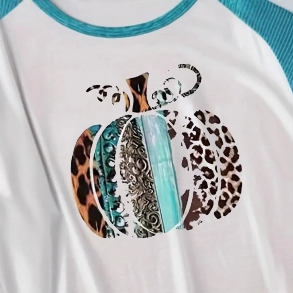 Sky blue Halloween T-shirt with 3D pumpkin digital printing and long sleeves
