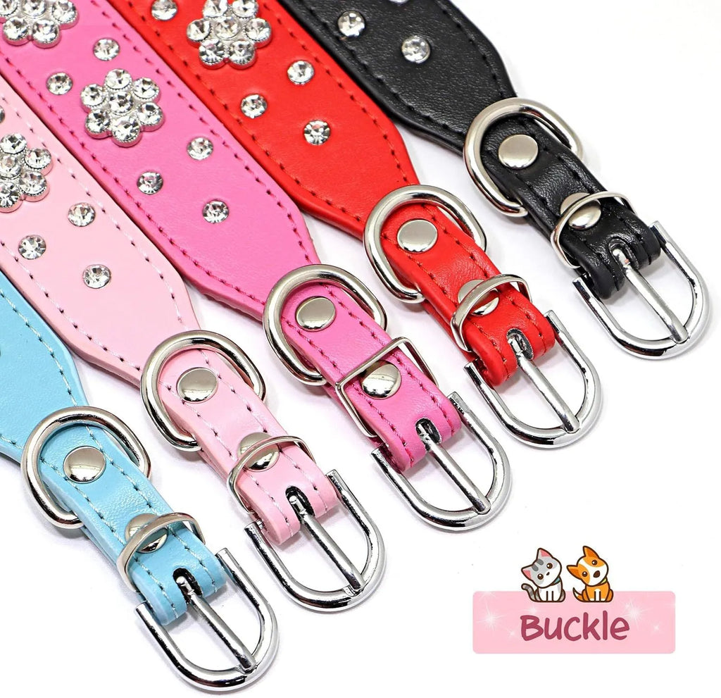 Soft black PU leather dog collar with a sparkling rhinestone flower pattern and metal adjustment buckle.