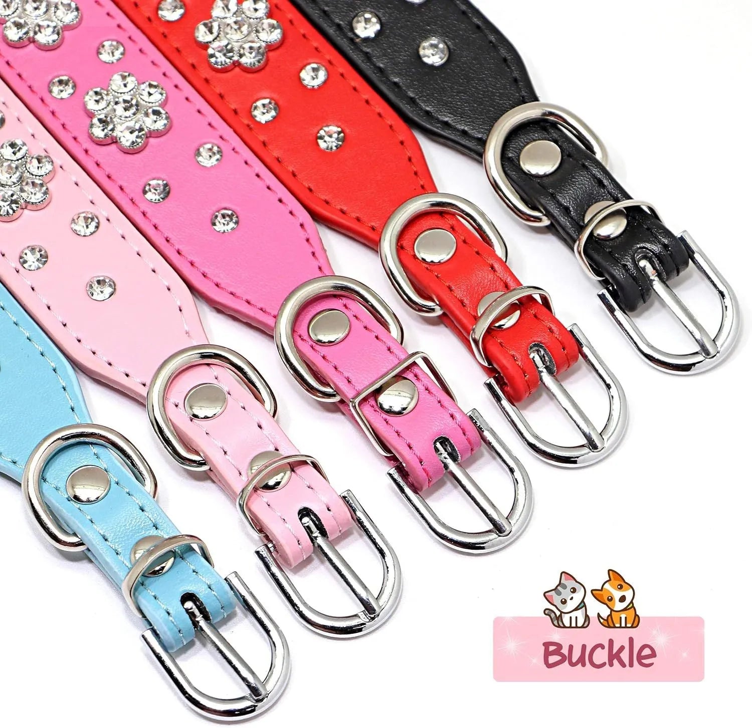 Soft black PU leather dog collar with a sparkling rhinestone flower pattern and metal adjustment buckle.