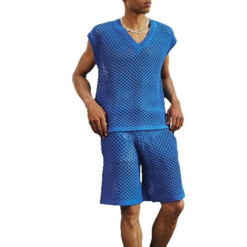 Men's blue V-neck vest with matching shorts set for summer sports activities