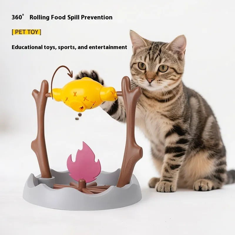 Barbecue-style plastic cat food dispenser toy for tumbling play and slow feeding